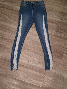 Womens Dark Blue Distressed Side-Trim Skinny Jeans